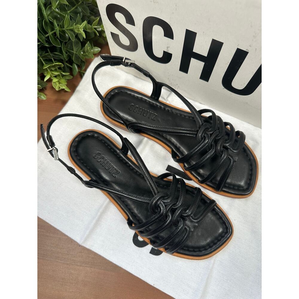 SCHUTZ Black Strappy Leather Flat Sandals with Tan Trim